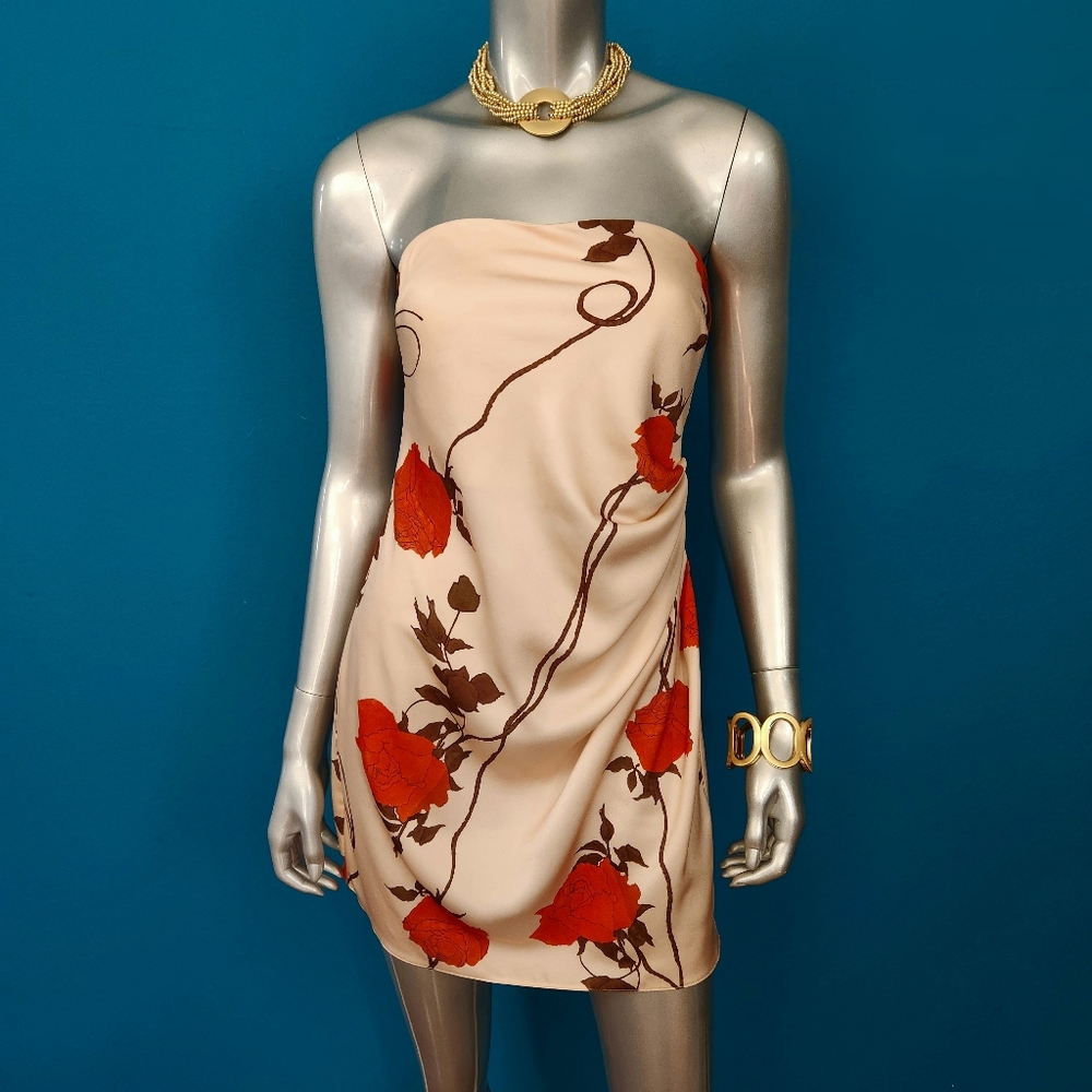 🆕️🌹ASOS DESIGN Gathered Waist Silk Bandeau Mini Dress w/ Red Rose Motif / NWOT